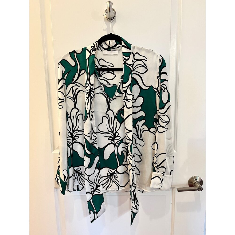 Mango Silky Statement Blouse in Green & White Florals, Size 4